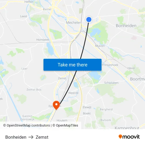 Bonheiden to Zemst map
