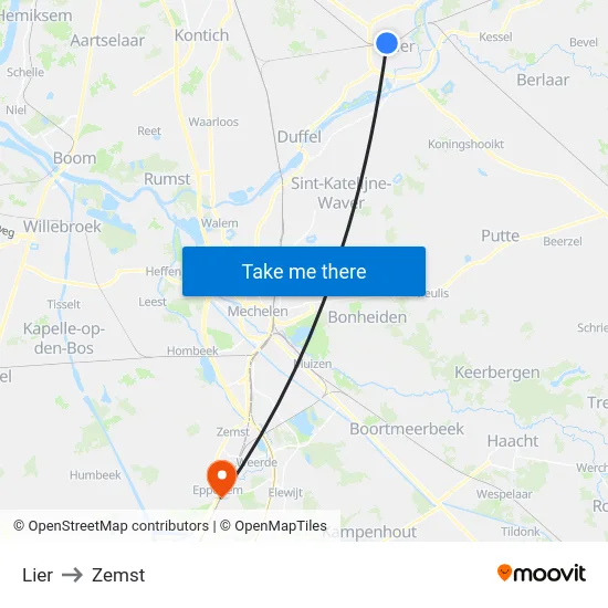 Lier to Zemst map