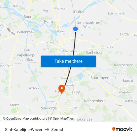 Sint-Katelijne-Waver to Zemst map
