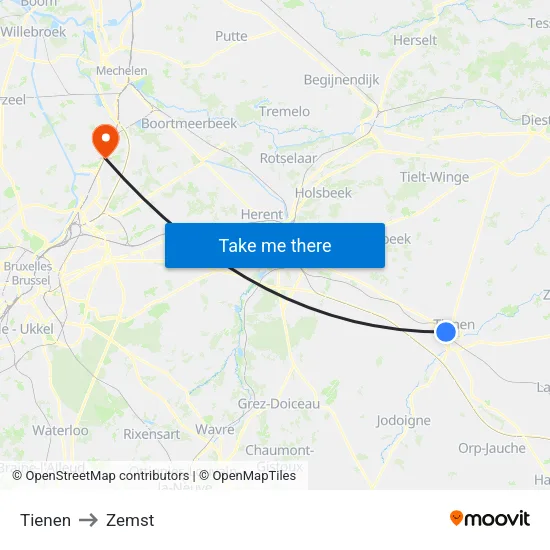 Tienen to Zemst map