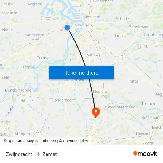Zwijndrecht to Zemst map