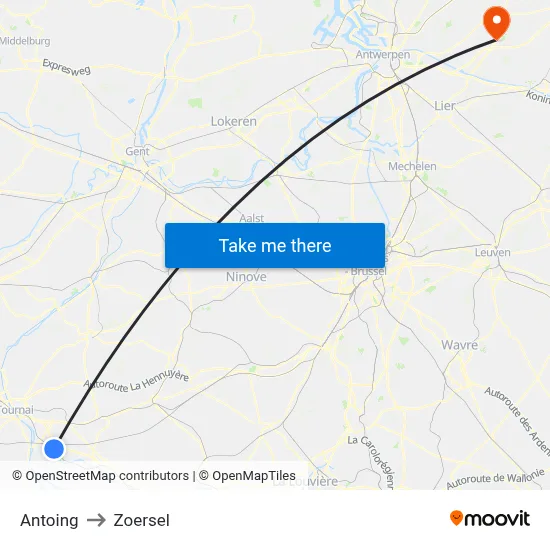 Antoing to Zoersel map