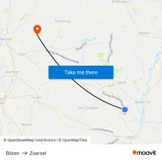Bilzen to Zoersel map