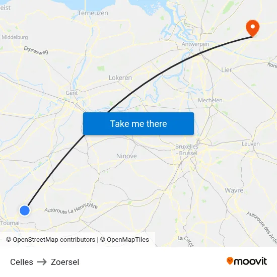 Celles to Zoersel map