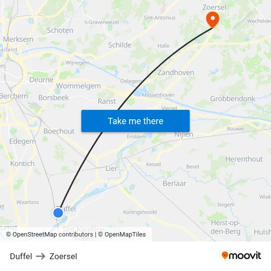 Duffel to Zoersel map