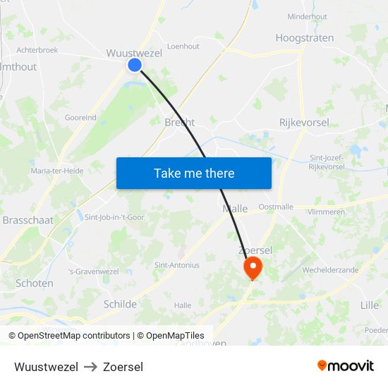 Wuustwezel to Zoersel map