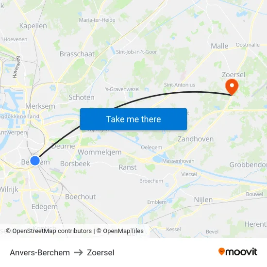 Anvers-Berchem to Zoersel map