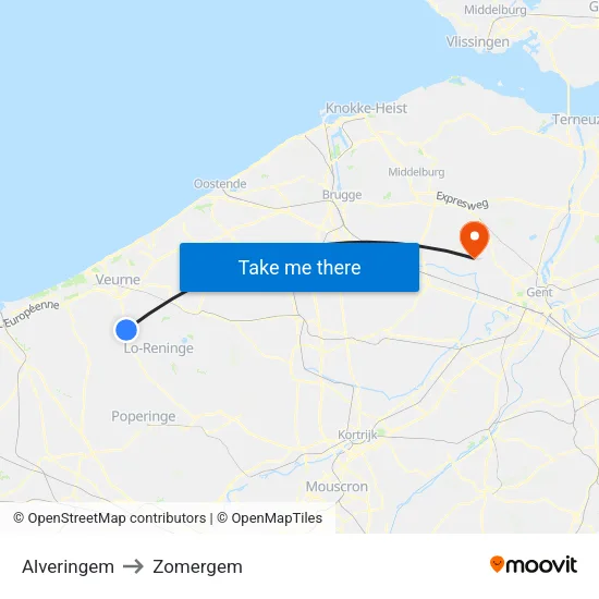 Alveringem to Zomergem map