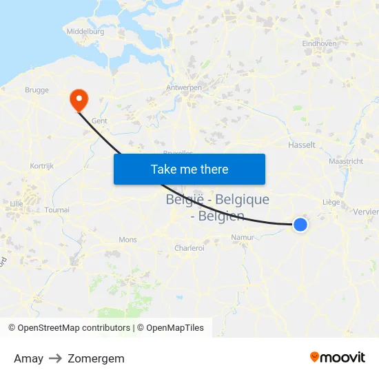 Amay to Zomergem map