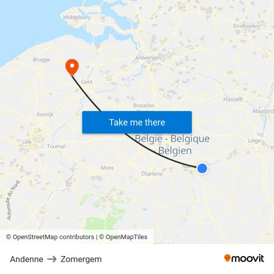 Andenne to Zomergem map