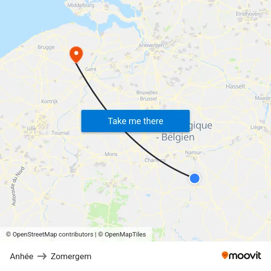 Anhée to Zomergem map