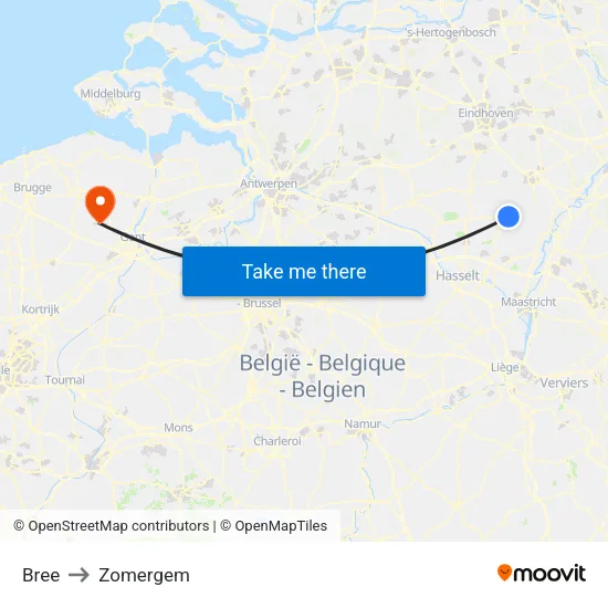 Bree to Zomergem map