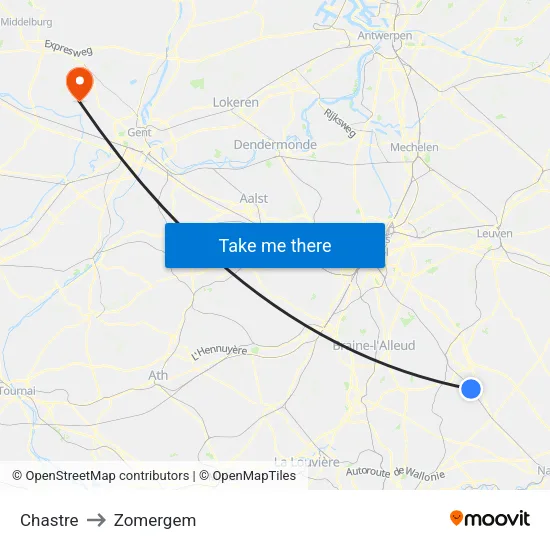 Chastre to Zomergem map