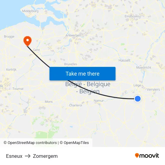 Esneux to Zomergem map