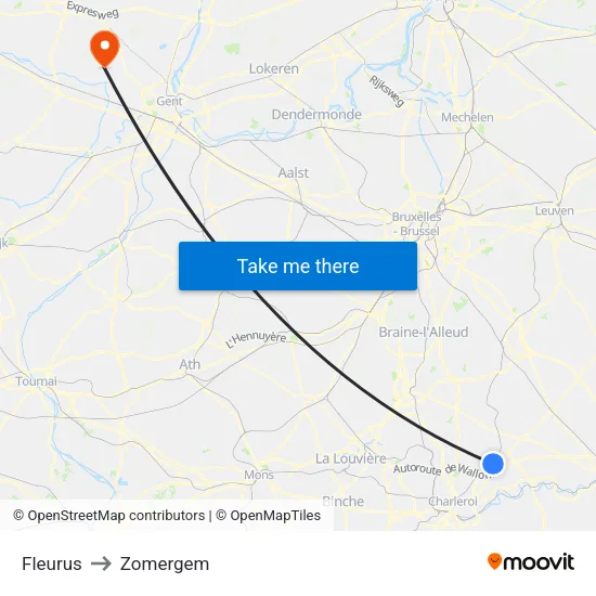 Fleurus to Zomergem map