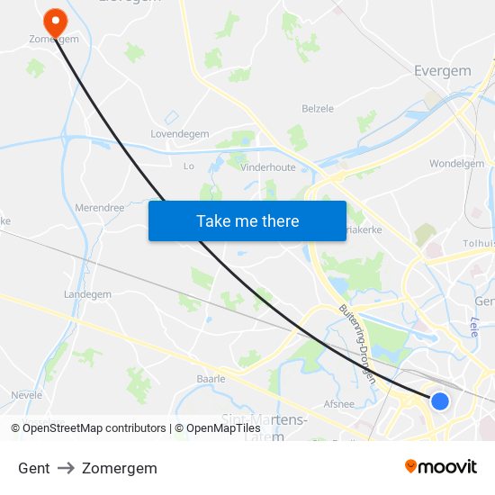 Gent to Zomergem map