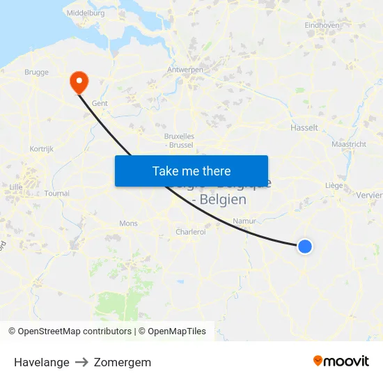 Havelange to Zomergem map