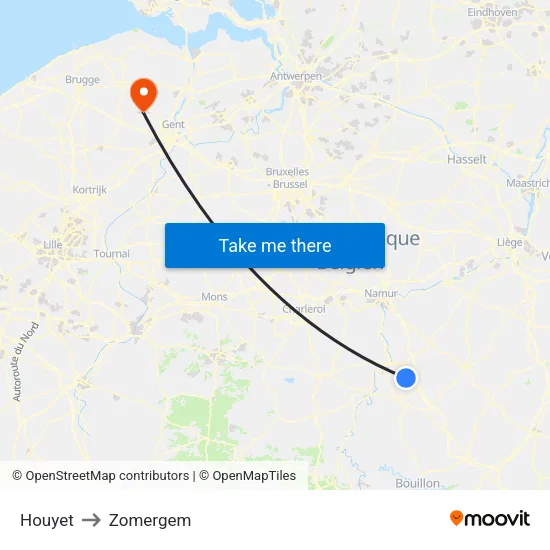 Houyet to Zomergem map