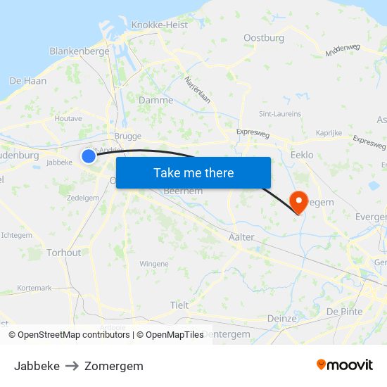 Jabbeke to Zomergem map