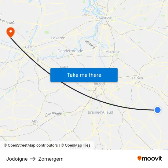 Jodoigne to Zomergem map