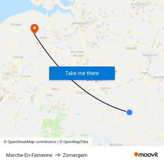 Marche-En-Famenne to Zomergem map