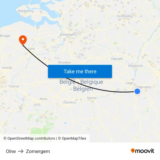 Olne to Zomergem map
