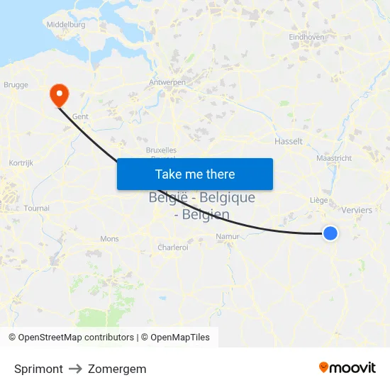Sprimont to Zomergem map