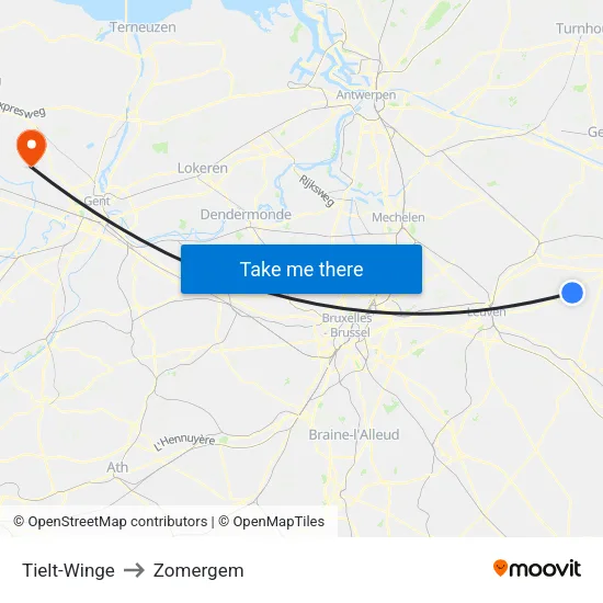 Tielt-Winge to Zomergem map