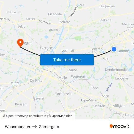 Waasmunster to Zomergem map