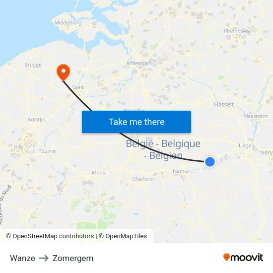 Wanze to Zomergem map