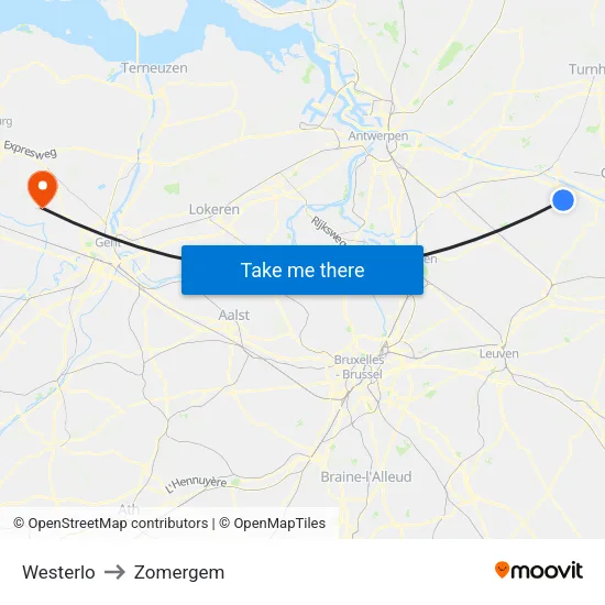 Westerlo to Zomergem map