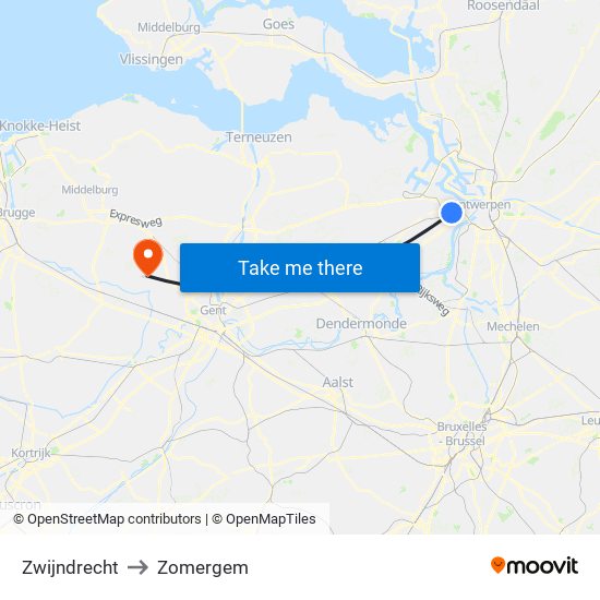 Zwijndrecht to Zomergem map