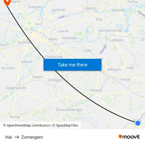 Hal to Zomergem map