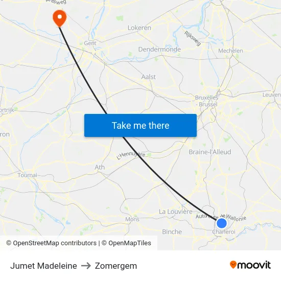 Jumet Madeleine to Zomergem map
