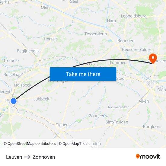 Leuven to Zonhoven map