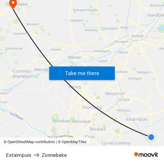 Estaimpuis to Zonnebeke map