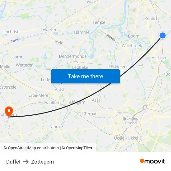 Duffel to Zottegem map