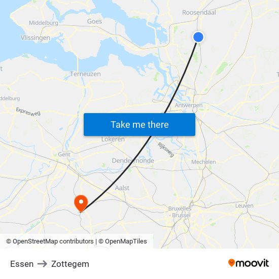 Essen to Zottegem map