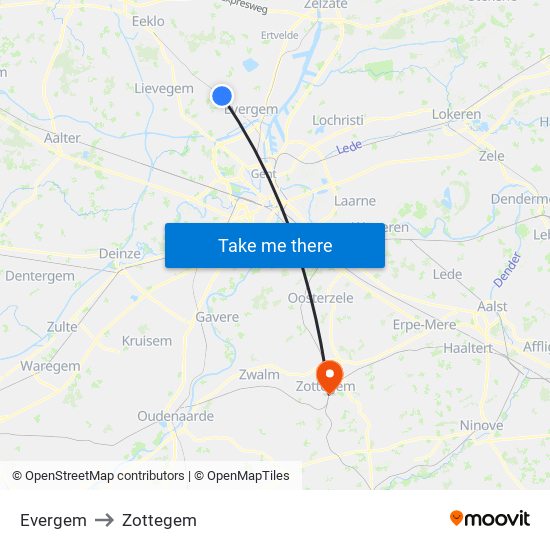 Evergem to Zottegem map