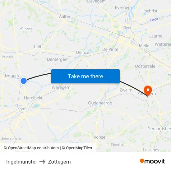 Ingelmunster to Zottegem map