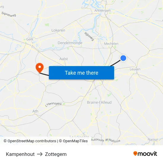 Kampenhout to Zottegem map