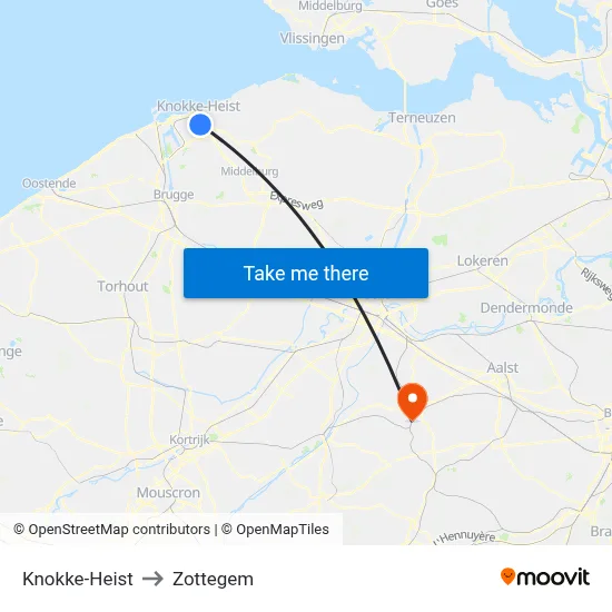 Knokke-Heist to Zottegem map