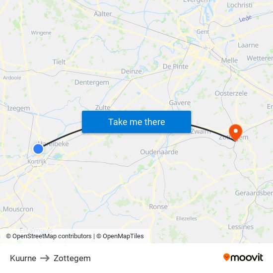 Kuurne to Zottegem map