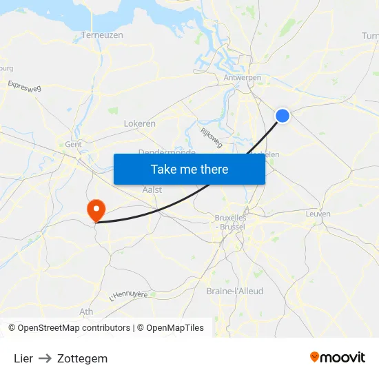 Lier to Zottegem map