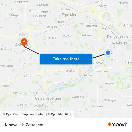 Ninove to Zottegem map