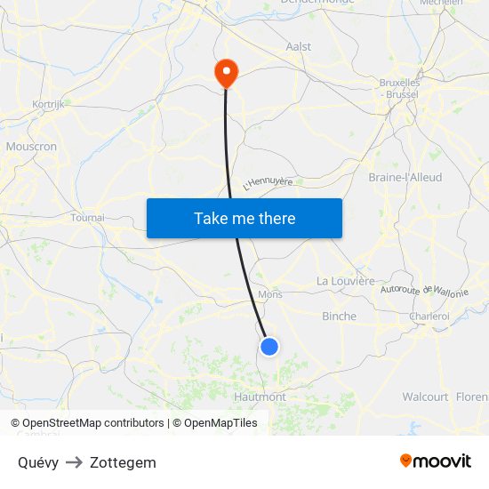 Quévy to Zottegem map