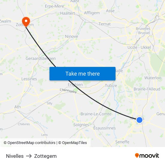 Nivelles to Zottegem map