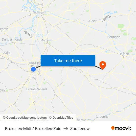 Bruxelles-Midi / Bruxelles-Zuid to Zoutleeuw map