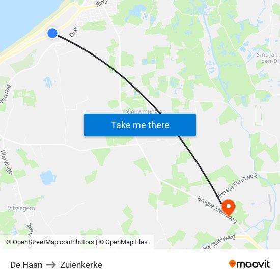 De Haan to Zuienkerke map