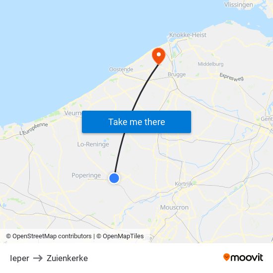 Ieper to Zuienkerke map